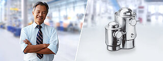 Man with crossed arms on the left and product image of Compression load cell PR 6201 on the right side